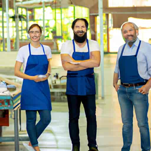 Un groupe de travailleurs heureux dans une usine moderne. L'usine se spécialise dans la production de produits locaux de haute qualité.