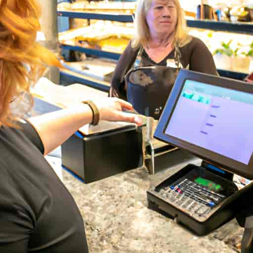 Un caissier utilisant une caisse enregistreuse tactile avec un client en attente dans un magasin animé.