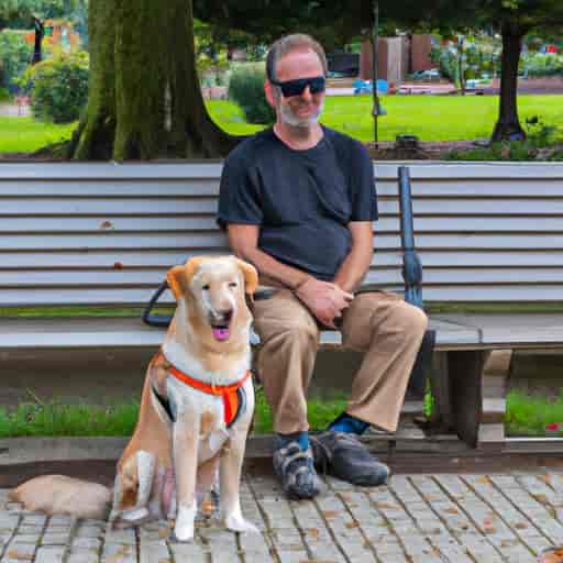 Une personne aveugle assise sur un banc de parc avec son chien guide à ses côtés.