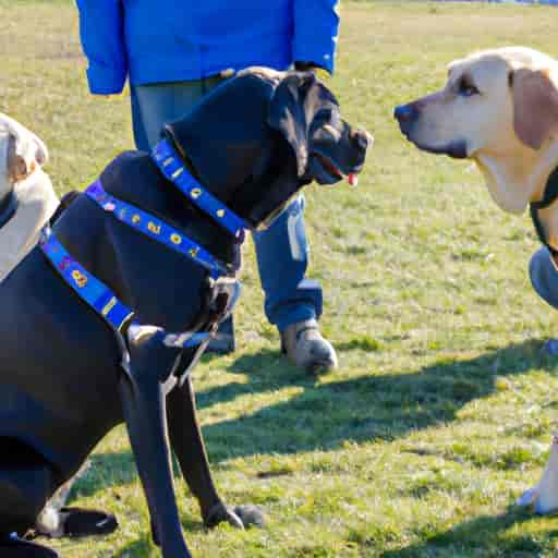 Un groupe de chiens guides et leurs éducateurs lors d'une session de formation.