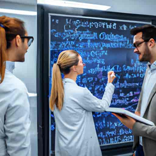 Un groupe de data scientists analyse des données sur un tableau blanc.