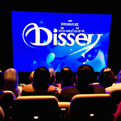 Un groupe diversifié de personnes regardant un film sur grand écran, avec le logo de Disney+ affiché de manière prominente.