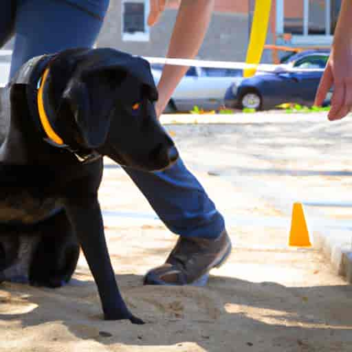 Un dresseur apprenant à un chien guide comment naviguer autour des obstacles.