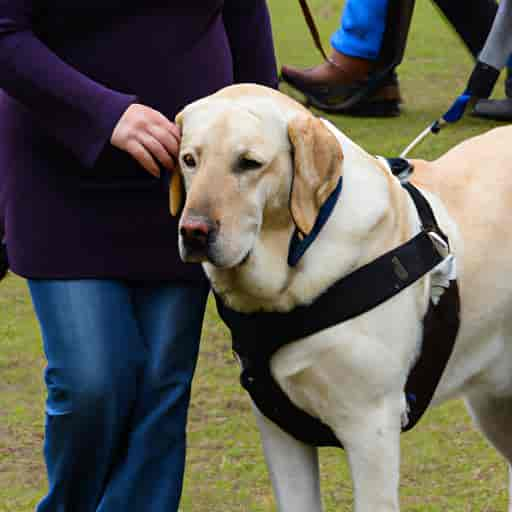 Un propriétaire de chien guide d'aveugle entraîne son animal à travers un parcours d'obstacles.