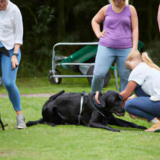 Entraînement de chiens guides d'aveugles par des bénévoles dans un parc.