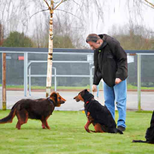 Un entraîneur apprend des commandes de guidage à un groupe de chiens dans une installation de formation.