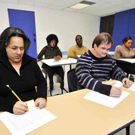 Groupe d'étudiants passant leur examen GED en personne.