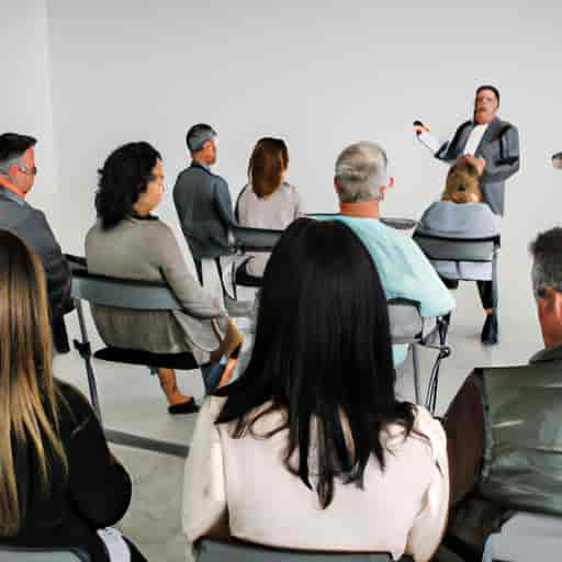 Groupe de personnes assistant à un séminaire immobilier dans une salle de conférence