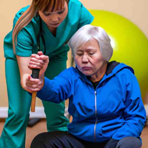 Un soignant aidant un résident âgé à faire des exercices de physiothérapie dans une salle de sport