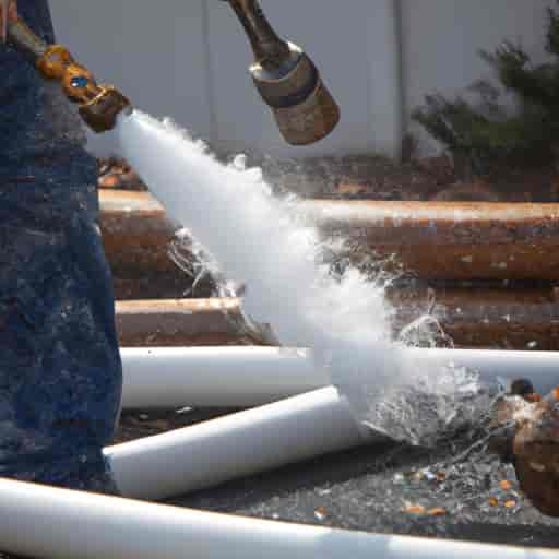 Un plombier utilisant un jet d'eau haute pression pour déboucher une canalisation obstruée.