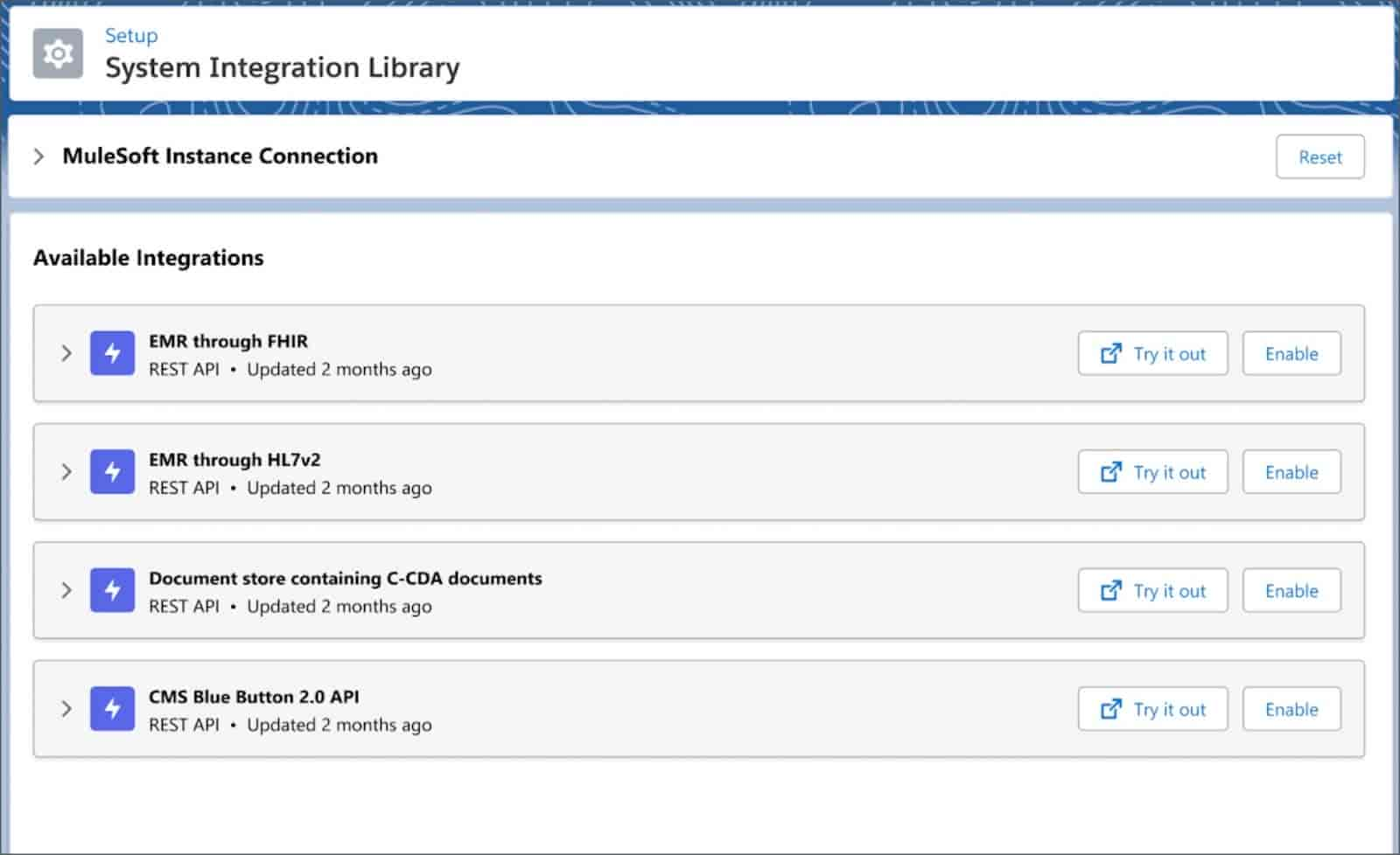 Configuration typique de la bibliothèque d'intégration du système MuleSoft