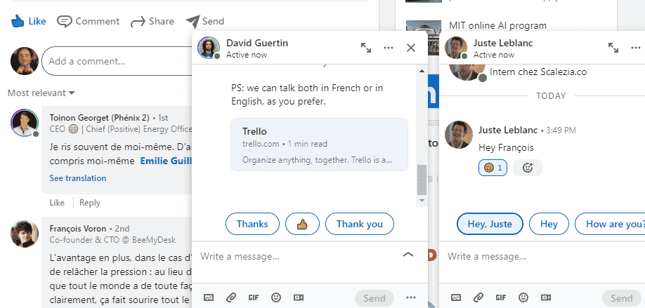 Interface intégrée de LinkedIn