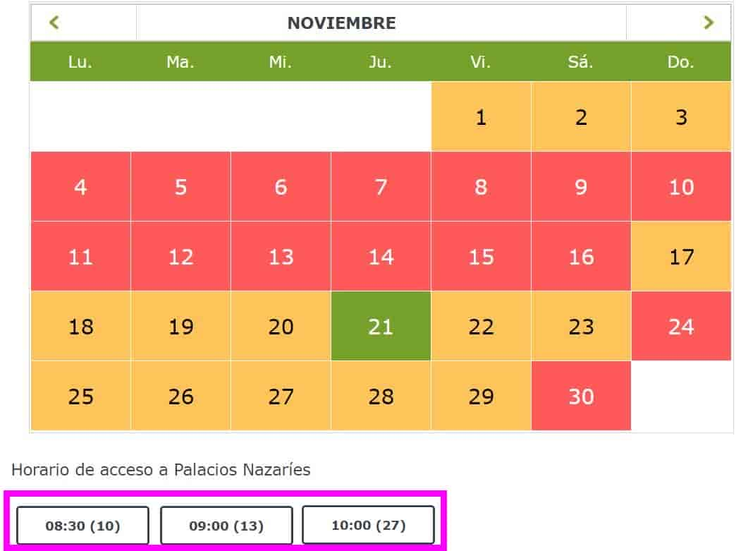 Calendrier des billets pour l'Alhambra