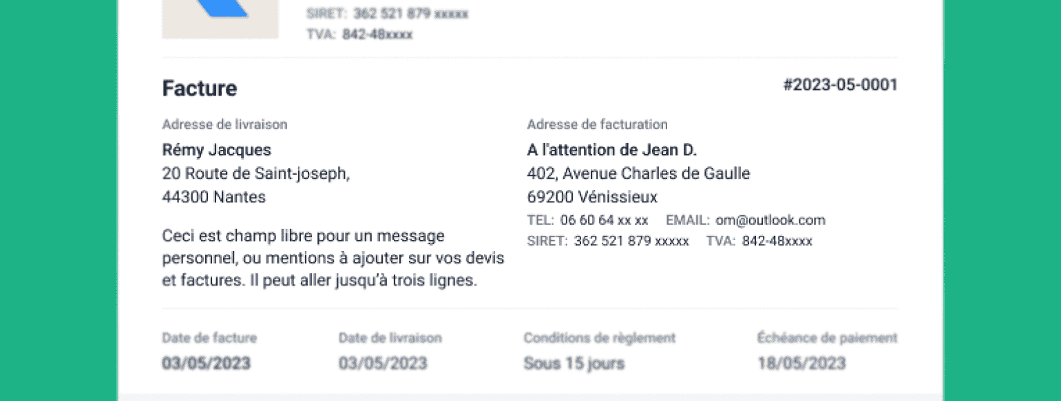 modèle de facture auto entrepreneur précisant les coordonnées du client