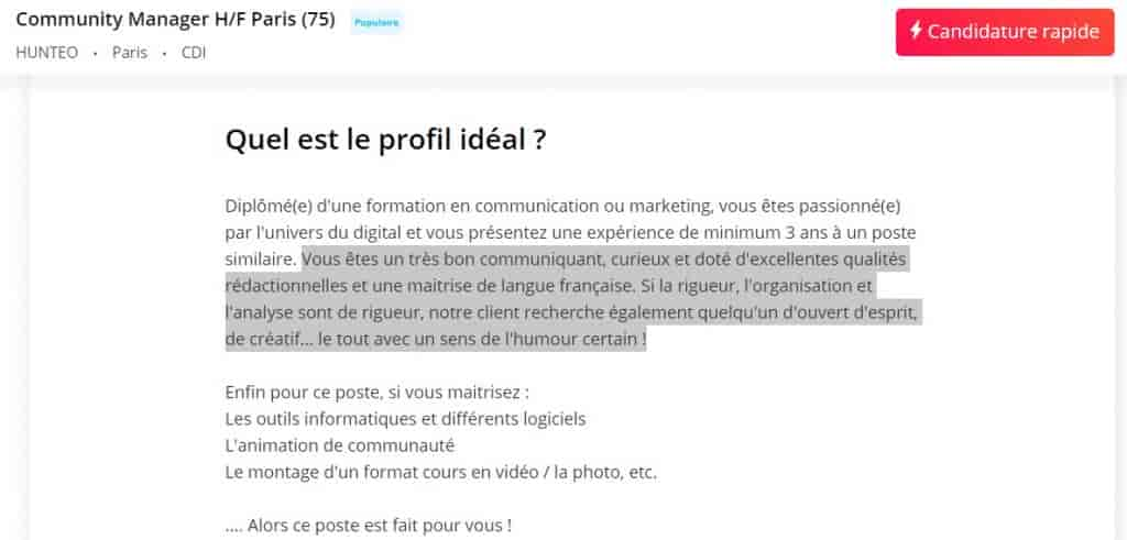 Exemple d’offre d’emploi attractive pour recruter un community manager listant les hard skills et soft skills attendues