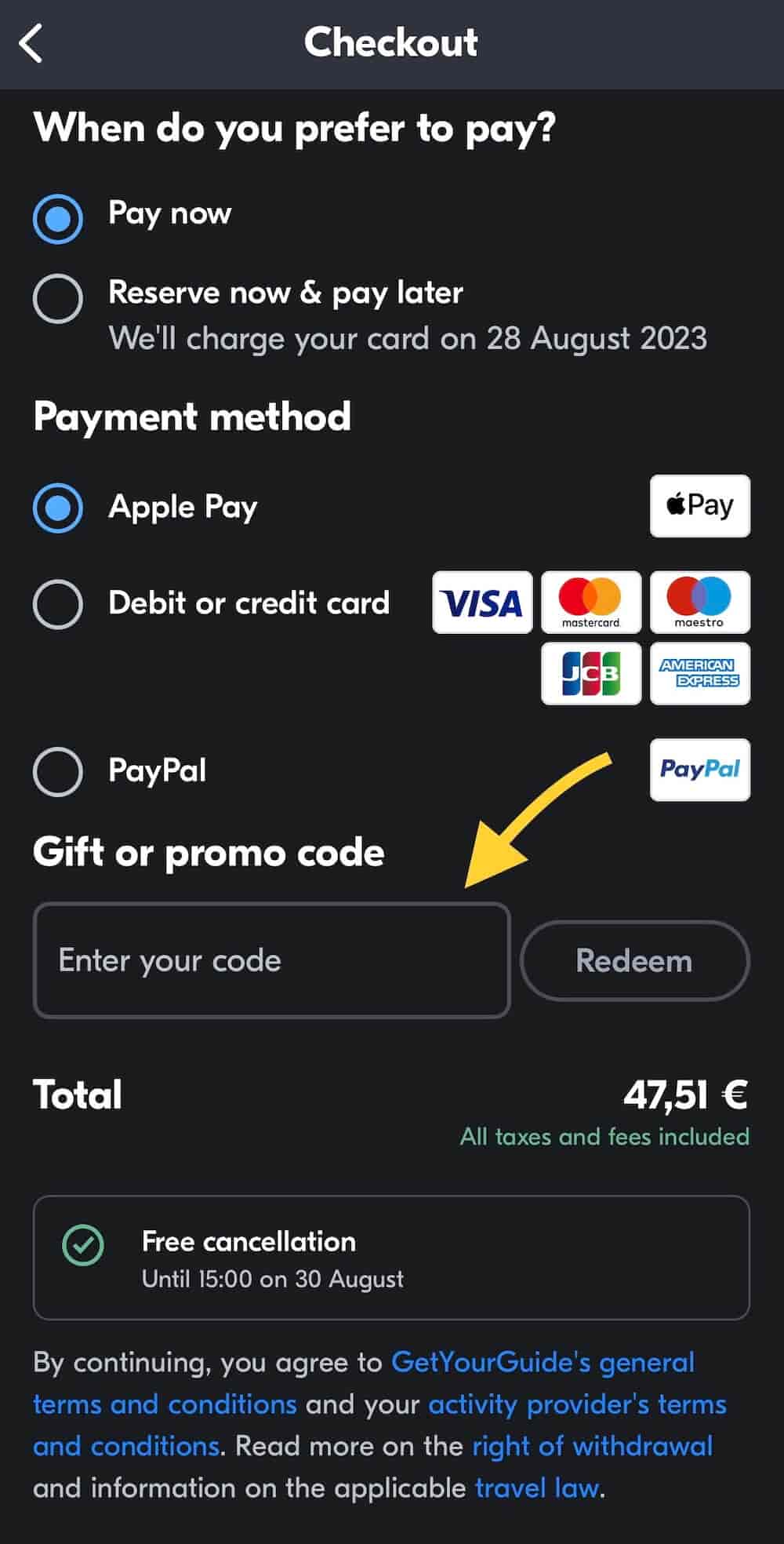 Comment utiliser le code promo Get Your Guide sur l'application mobile