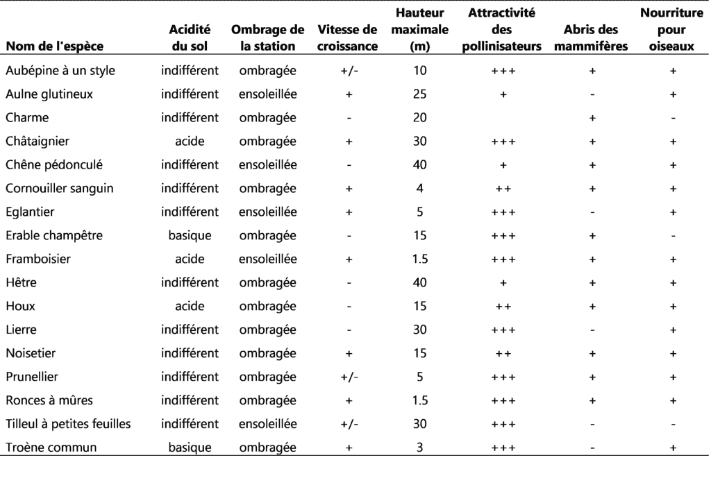 Tableau des espèces