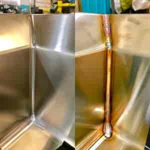 Custom Stainless Steel Welded sink corner before and after grinding and polishing