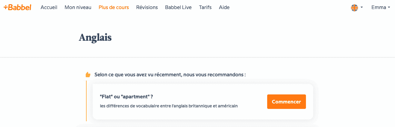 Exemple de cours recommandé par l'application