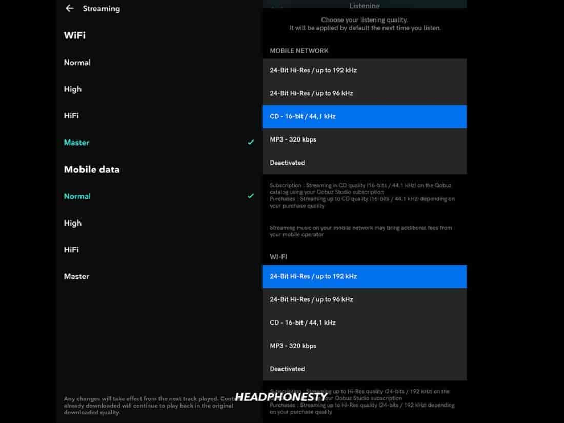 You can choose between multiple audio settings on both Tidal and Qobuz mobile apps.