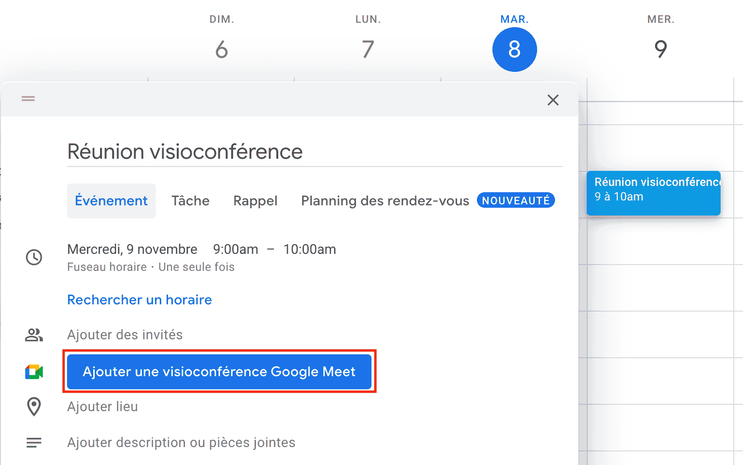 Planifier une réunion Google Meet depuis Google Agenda