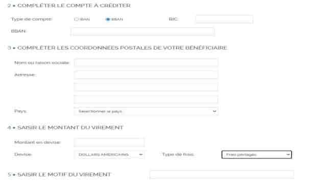 Exemple d'interface de saisie d'une demande de virement international vers les USA sur le site de la BRED