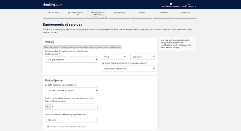 Équipements et services annonce Booking.com