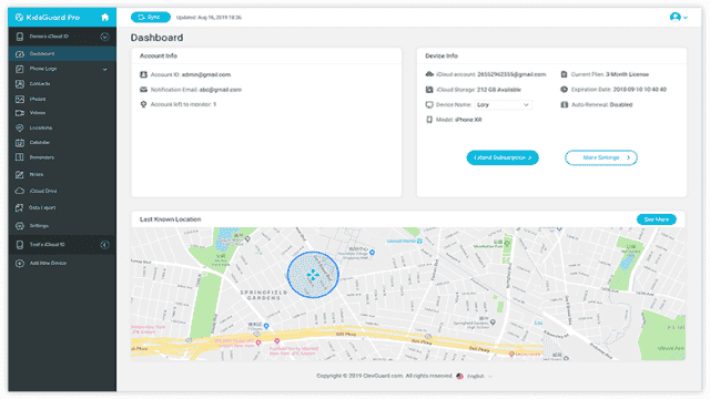 icloud hacking dashboard of kidsguard pro