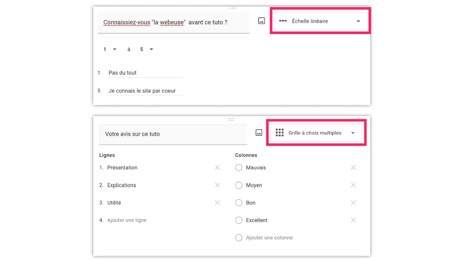 Echelle linéaire et grille à choix multiples