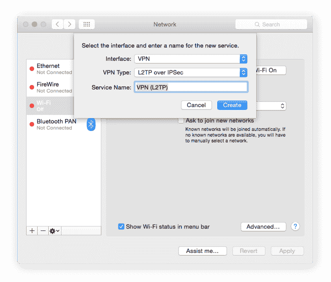 Réseau sur macOS - Saisie de l'adresse et du nom du nouveau VPN