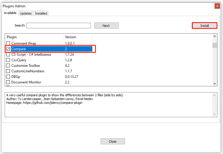 installer le plugin de comparaison dans Notepad Plus