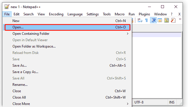 sélectionnez Fichier et Ouvrir dans Notepad Plus