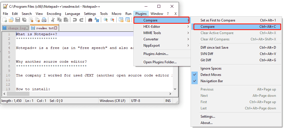 sélectionnez Compare dans Notepad Plus