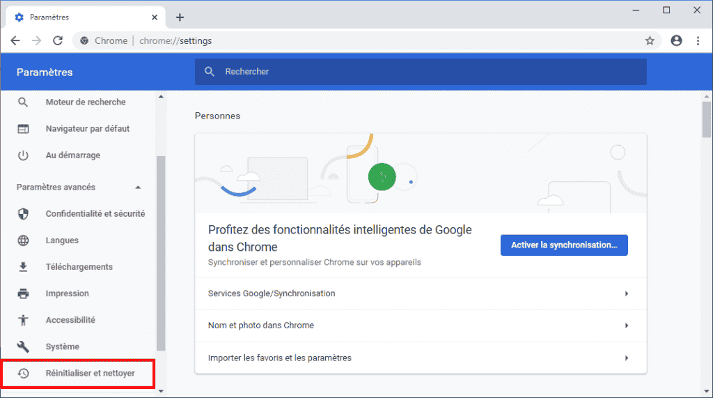 Réinitialisation des paramètres de Google Chrome