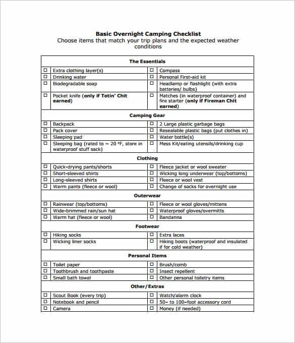 Modèle de liste de contrôle pour le camping d'une nuit