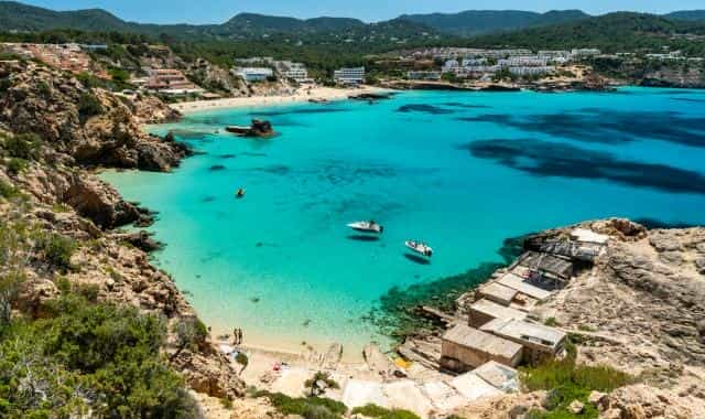 Aerial view of a cove with turquoise water in Ibiza