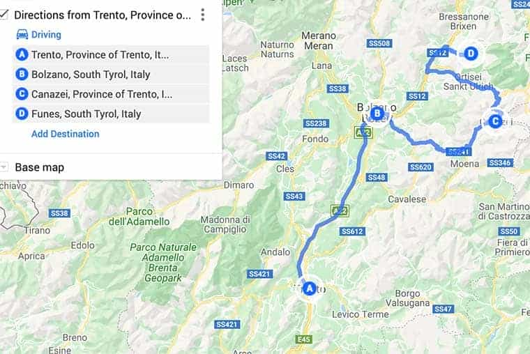 Carte de l'itinéraire d'une journée dans les Dolomites