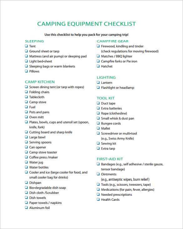 Modèle de liste de contrôle pour l'équipement de camping