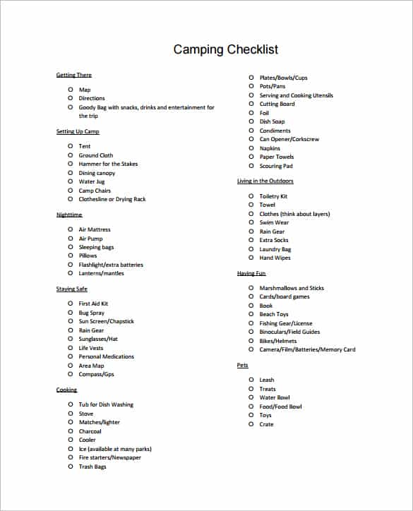 Modèle de liste de contrôle pour les équipements de camping