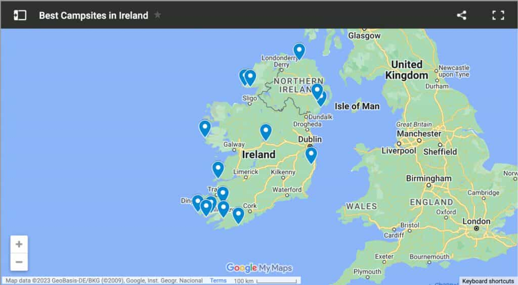 Carte des campings en Irlande