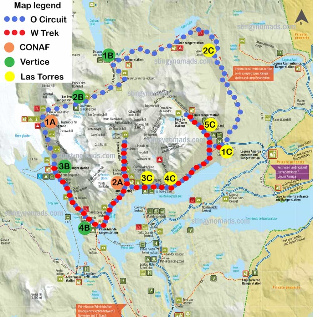 Carte des campings de Torres del Paine