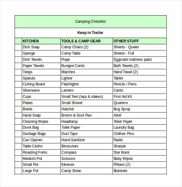 Modèle de liste de contrôle de camping Excel