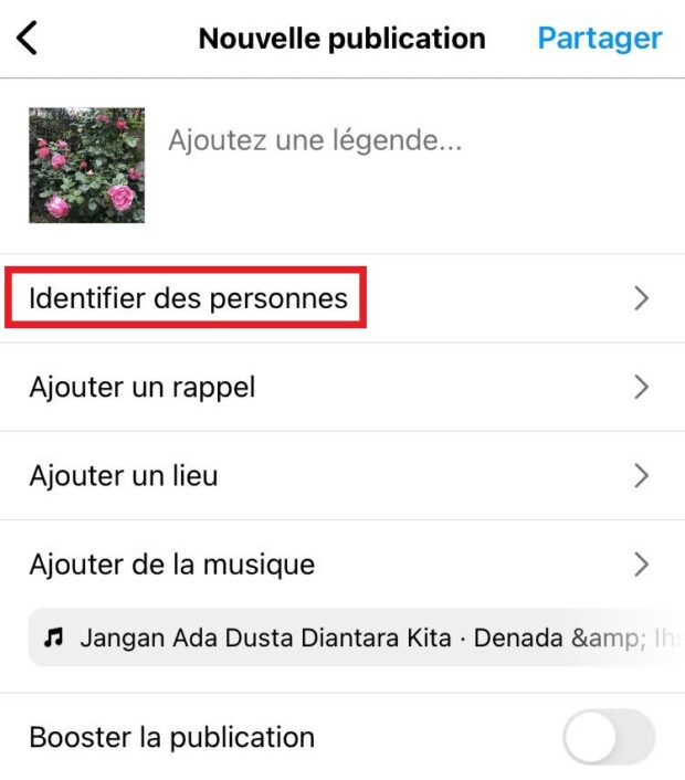 Nouvelle publication sur Instagram avec le menu "identifier des personnes"