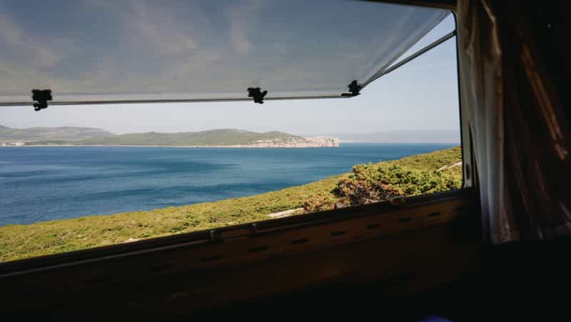 Beautiful view of Sardinian coastline from motorhome window