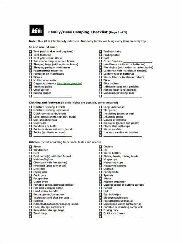 Modèle de liste de contrôle pour le camping en famille