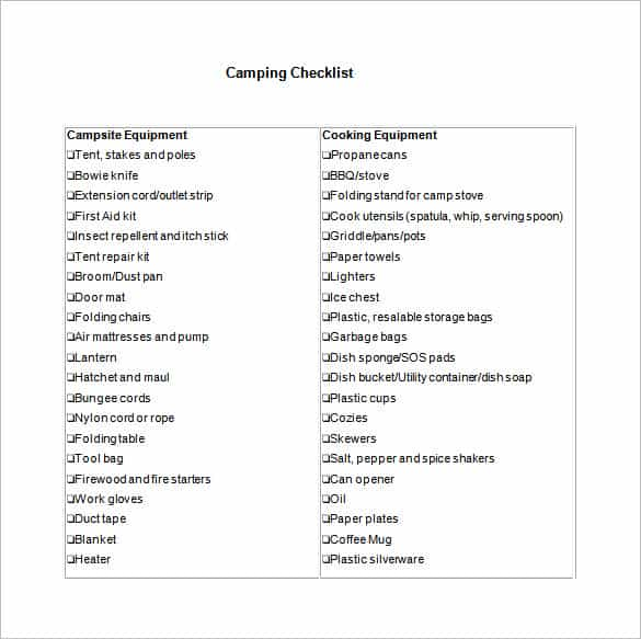 Modèle de liste de contrôle gratuite pour le camping