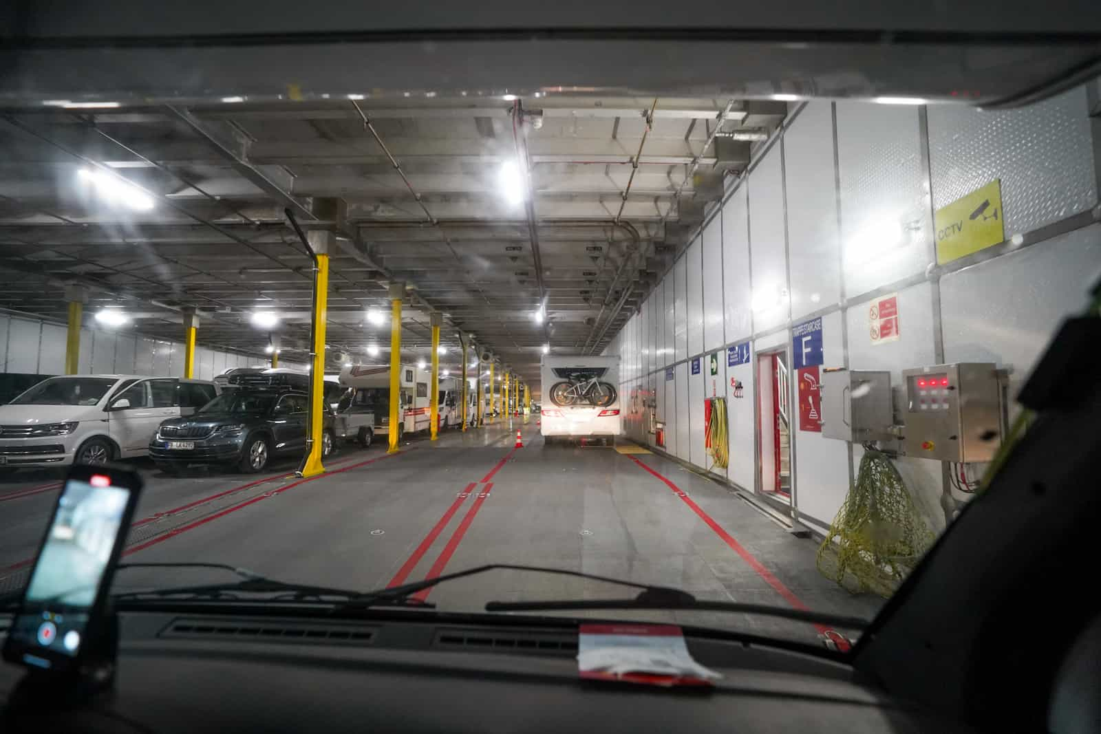 Driving onto the ferry from Denmark to Norway with a motorhome. Boarding the Fjord Line ferry from Hirtshals to Kristiansand with our campervan.