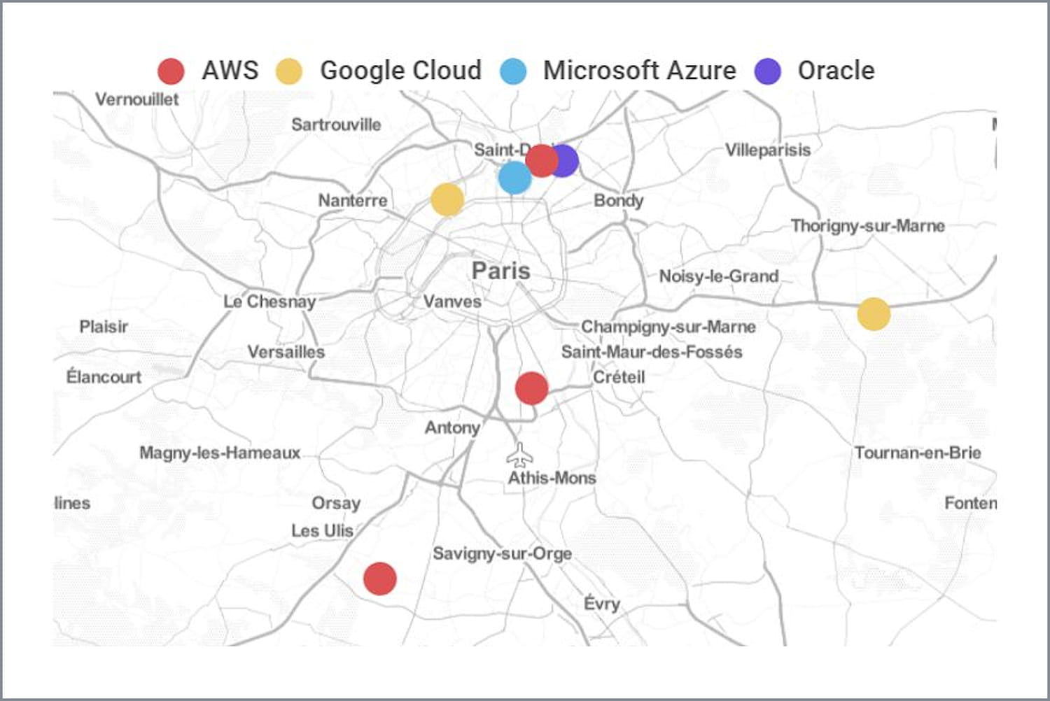 La carte des data centers des clouds américains en France