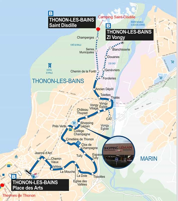 Plan de la ligne B des bus de Thonon