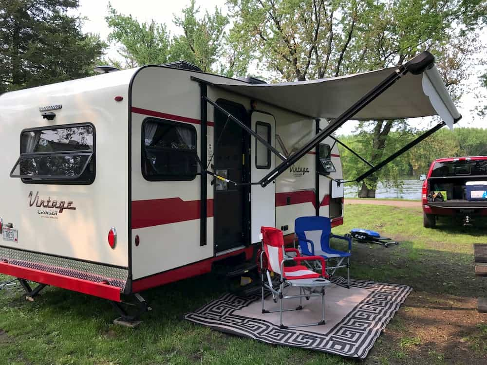 Red and white camper